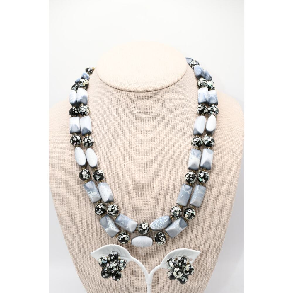 Vintage Japan Necklace Earring Set Blue Gray Beads Double Strand